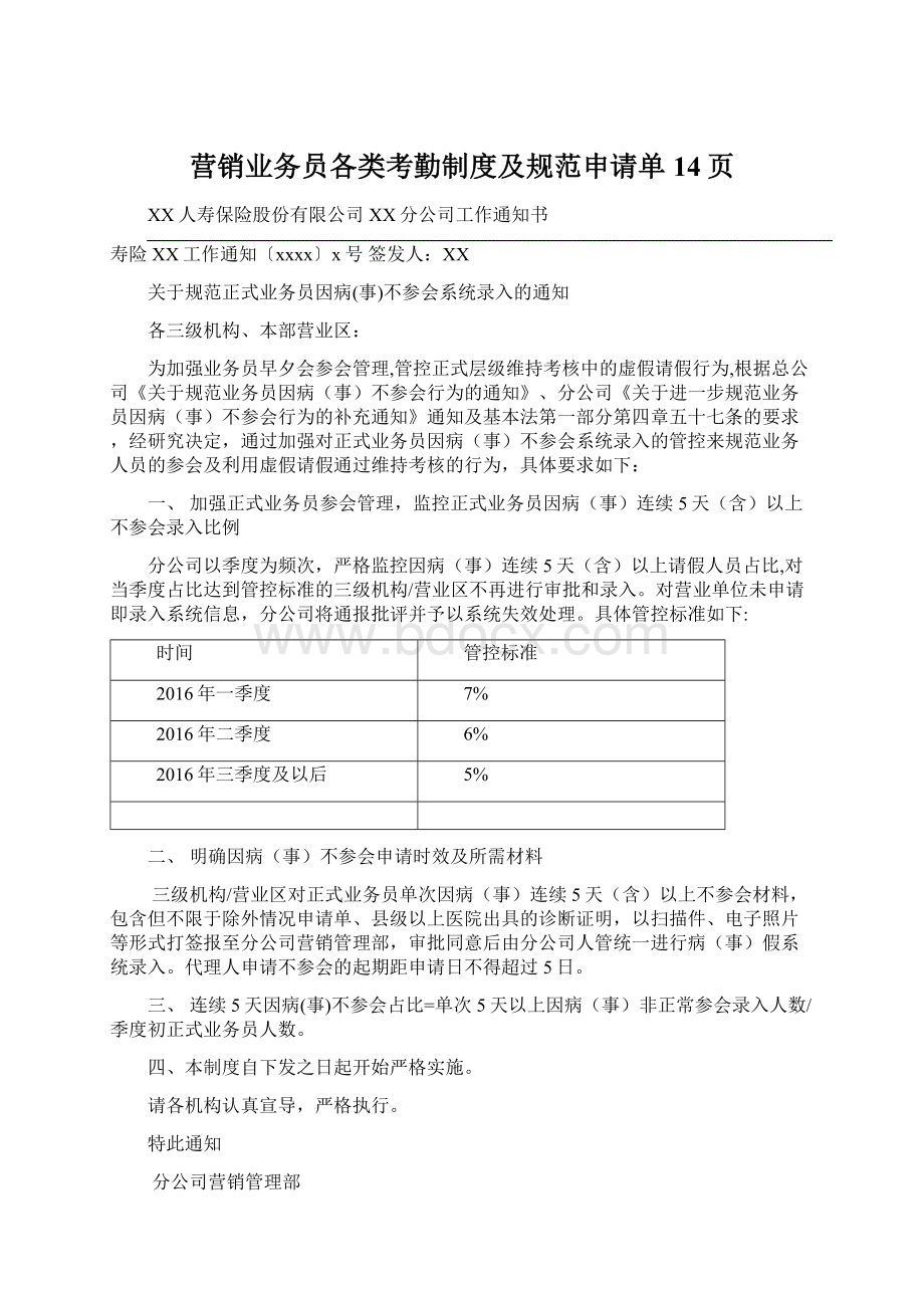 营销业务员各类考勤制度及规范申请单14页Word文档下载推荐.docx_第1页