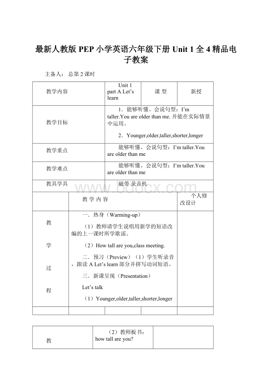 最新人教版PEP小学英语六年级下册Unit 1 全4精品电子教案.docx