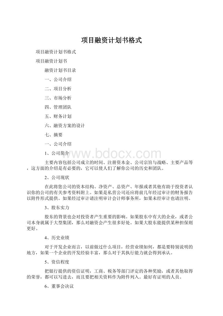 项目融资计划书格式Word下载.docx