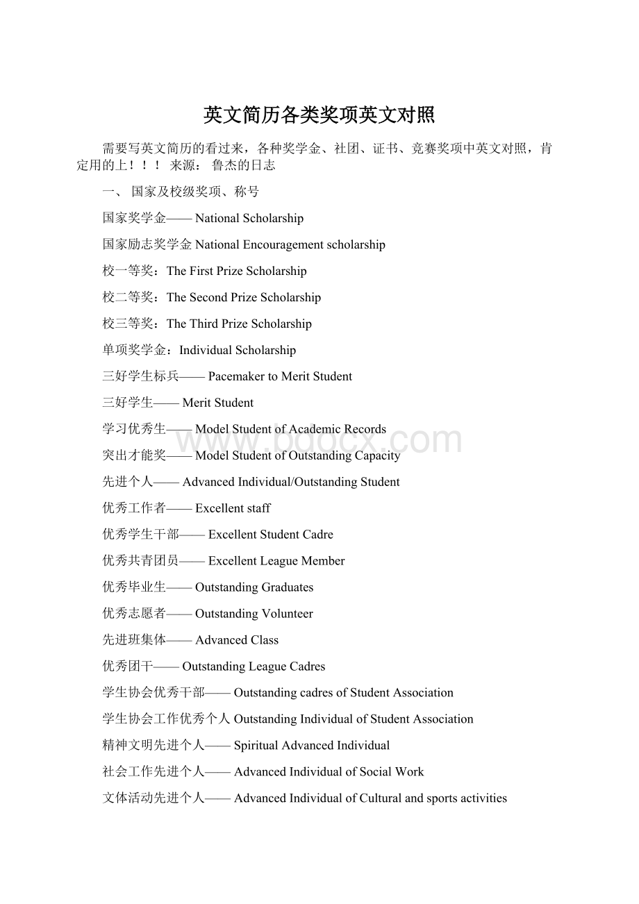 英文简历各类奖项英文对照Word文档下载推荐.docx