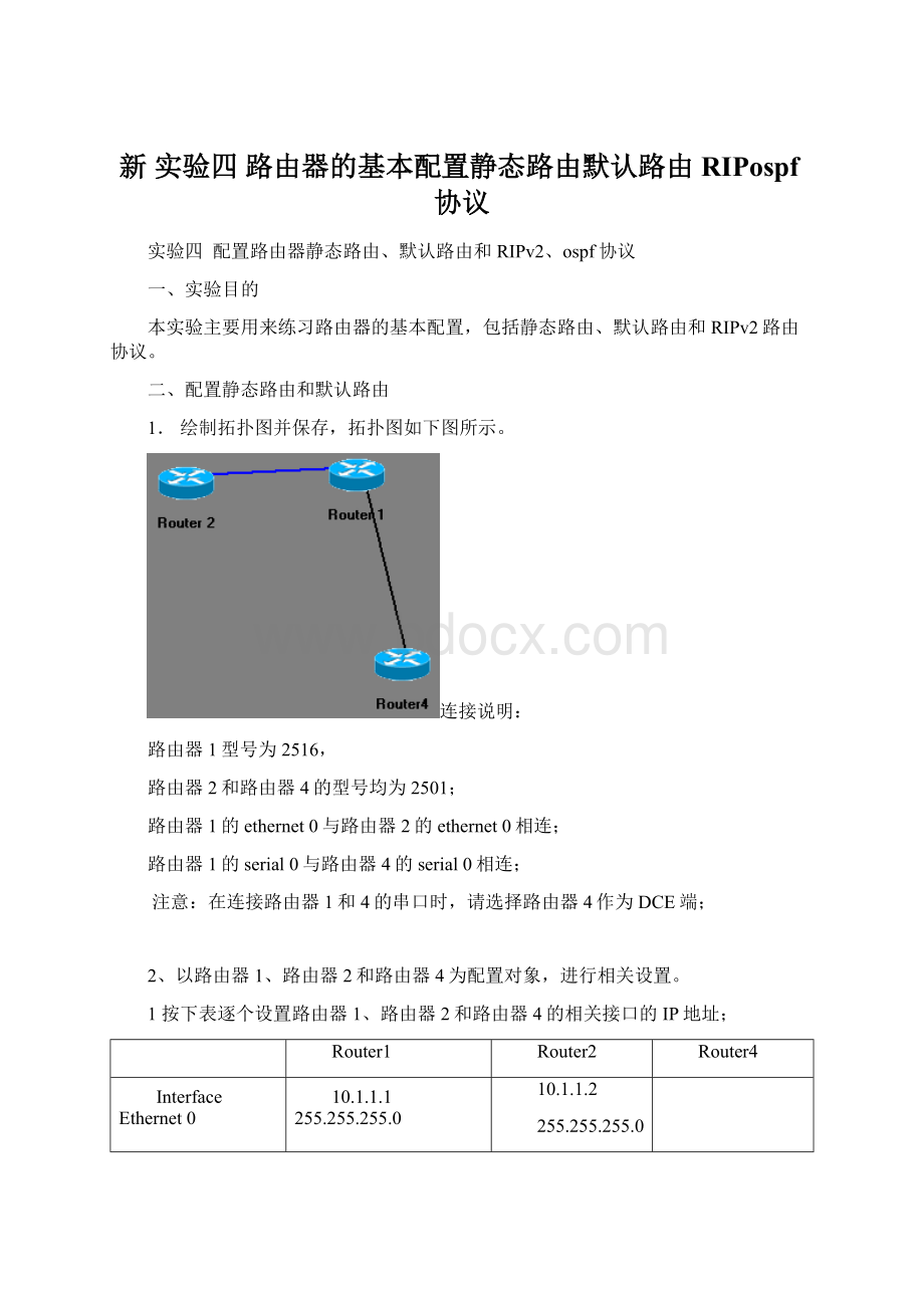 新 实验四路由器的基本配置静态路由默认路由RIPospf协议.docx