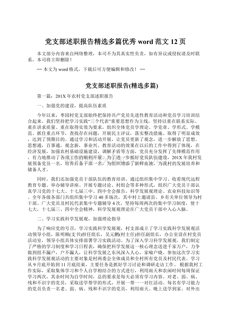 党支部述职报告精选多篇优秀word范文 12页.docx