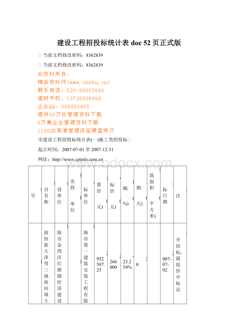 建设工程招投标统计表doc 52页正式版Word格式.docx