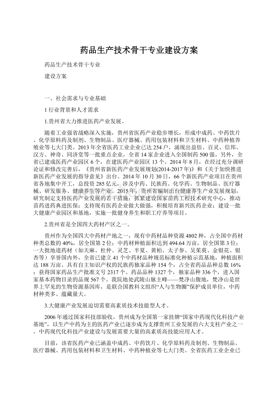 药品生产技术骨干专业建设方案Word下载.docx