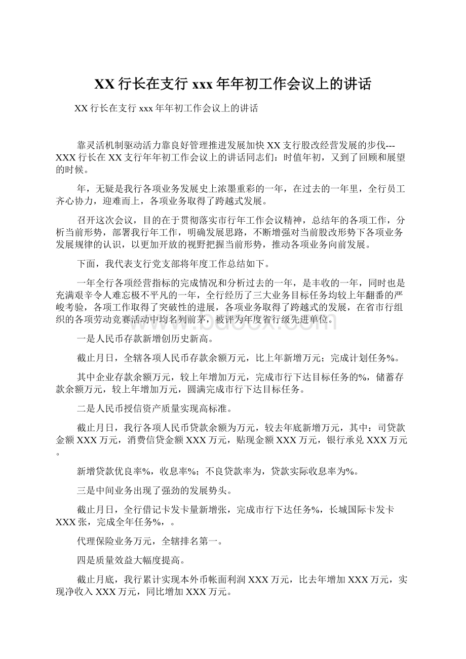 XX行长在支行xxx年年初工作会议上的讲话Word文档下载推荐.docx_第1页