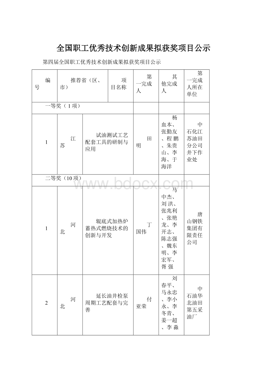 全国职工优秀技术创新成果拟获奖项目公示Word格式.docx_第1页