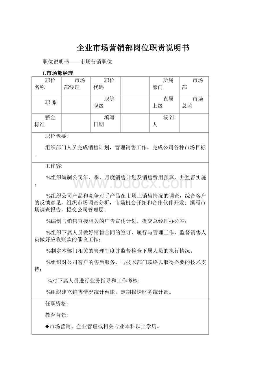 企业市场营销部岗位职责说明书文档格式.docx_第1页