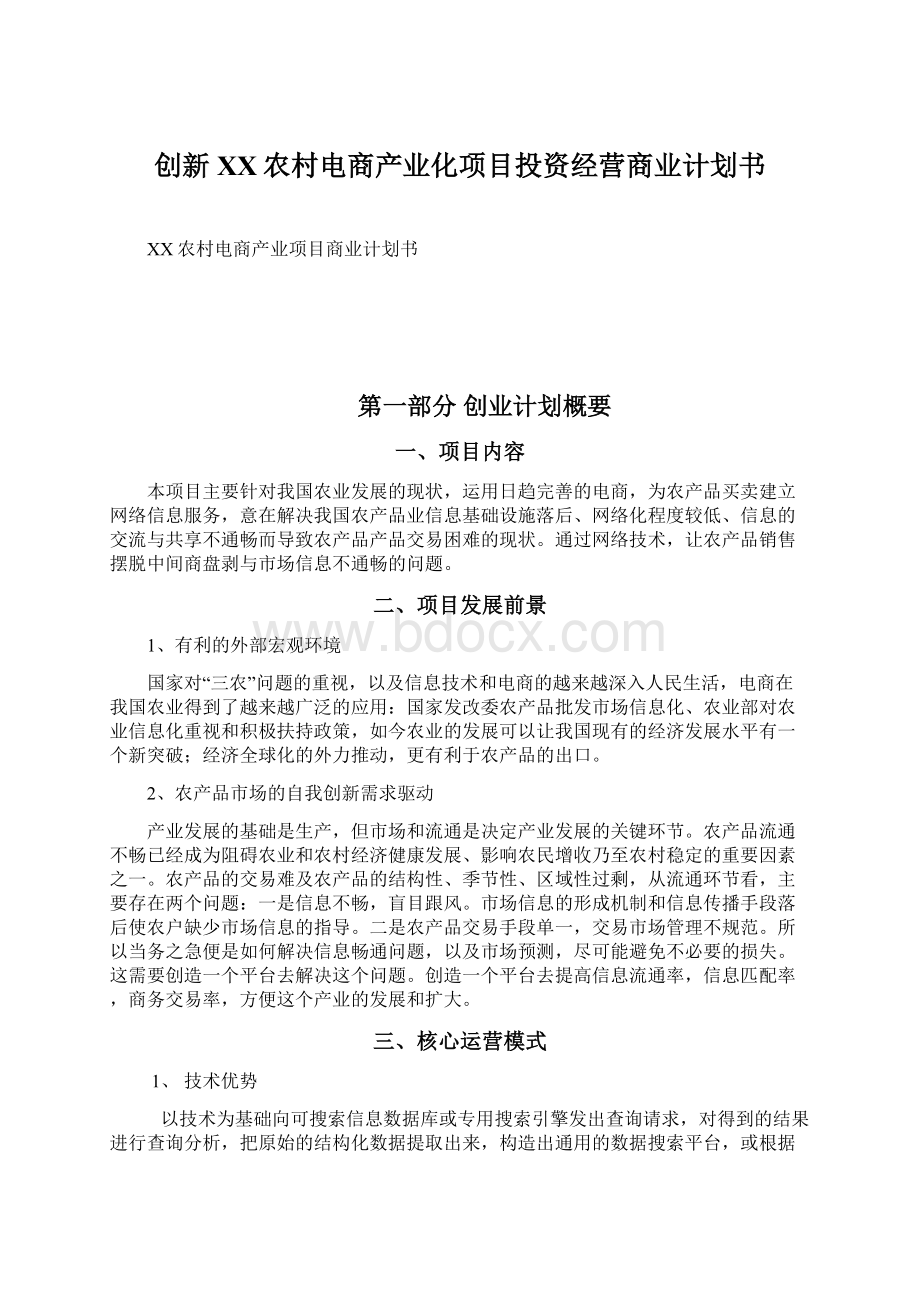 创新XX农村电商产业化项目投资经营商业计划书.docx