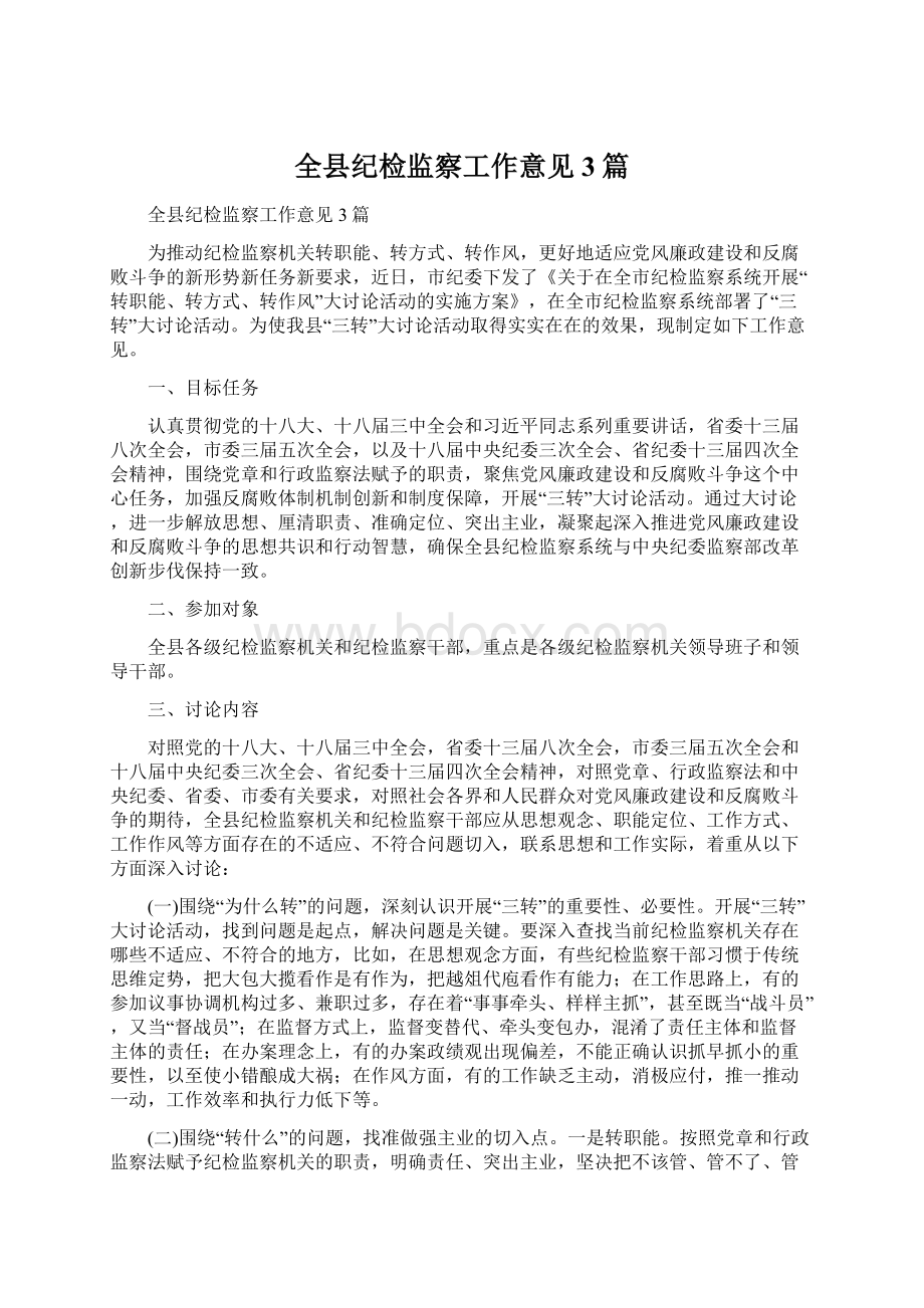 全县纪检监察工作意见3篇文档格式.docx
