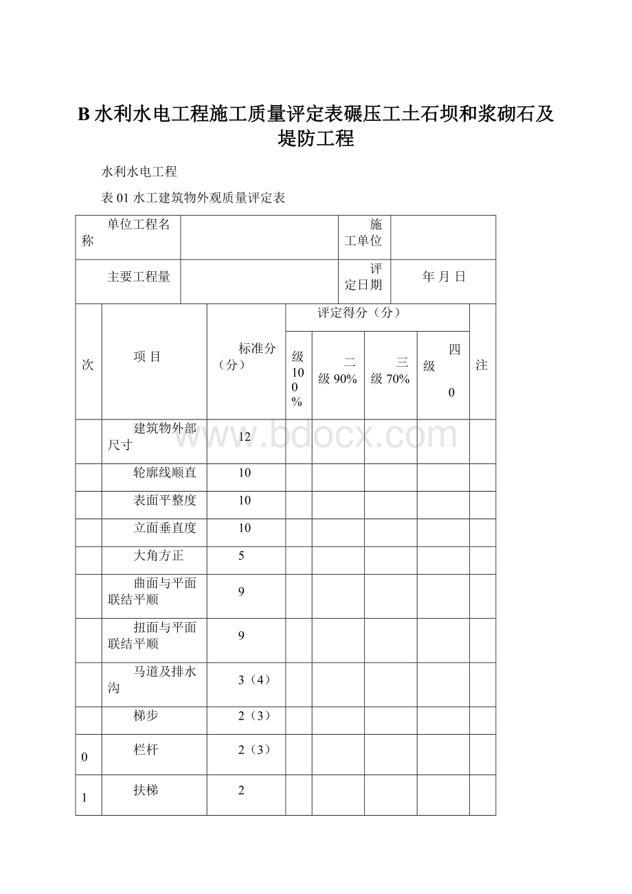 B水利水电工程施工质量评定表碾压工土石坝和浆砌石及堤防工程文档格式.docx_第1页