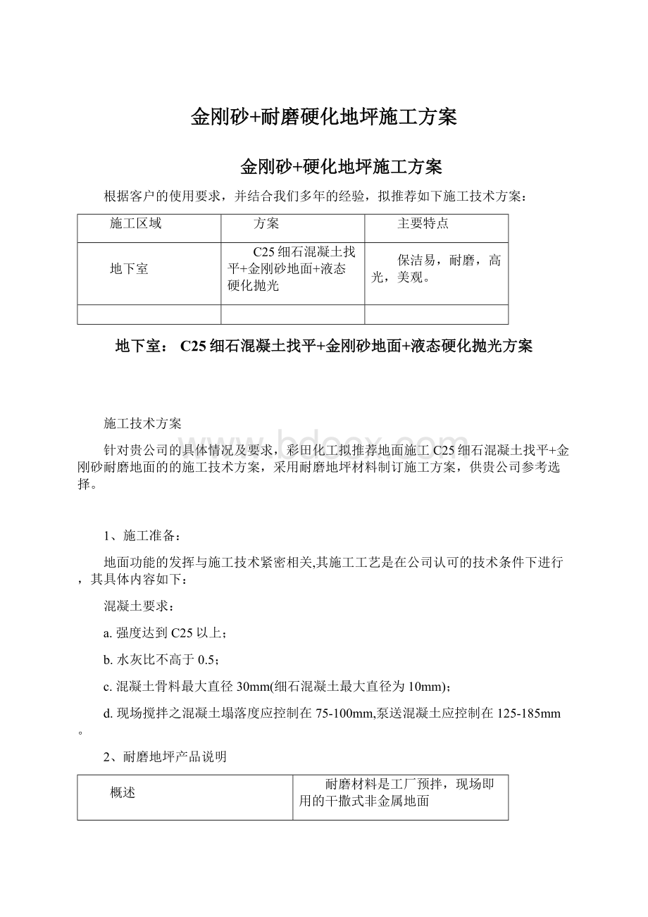 金刚砂+耐磨硬化地坪施工方案Word下载.docx