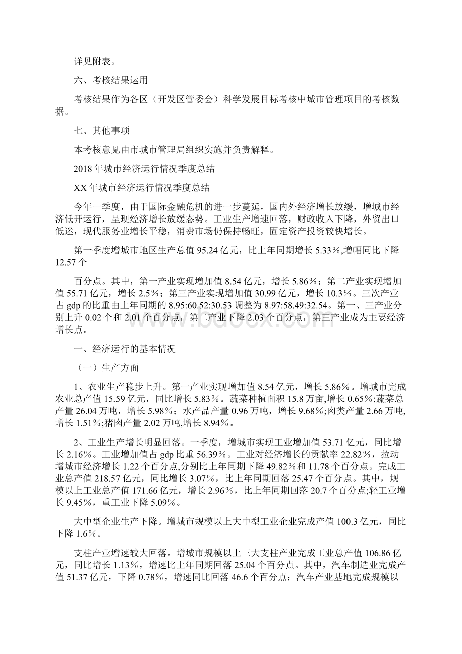 城市管理考核工作意见与城市经济运行情况季度总结汇编Word下载.docx_第2页