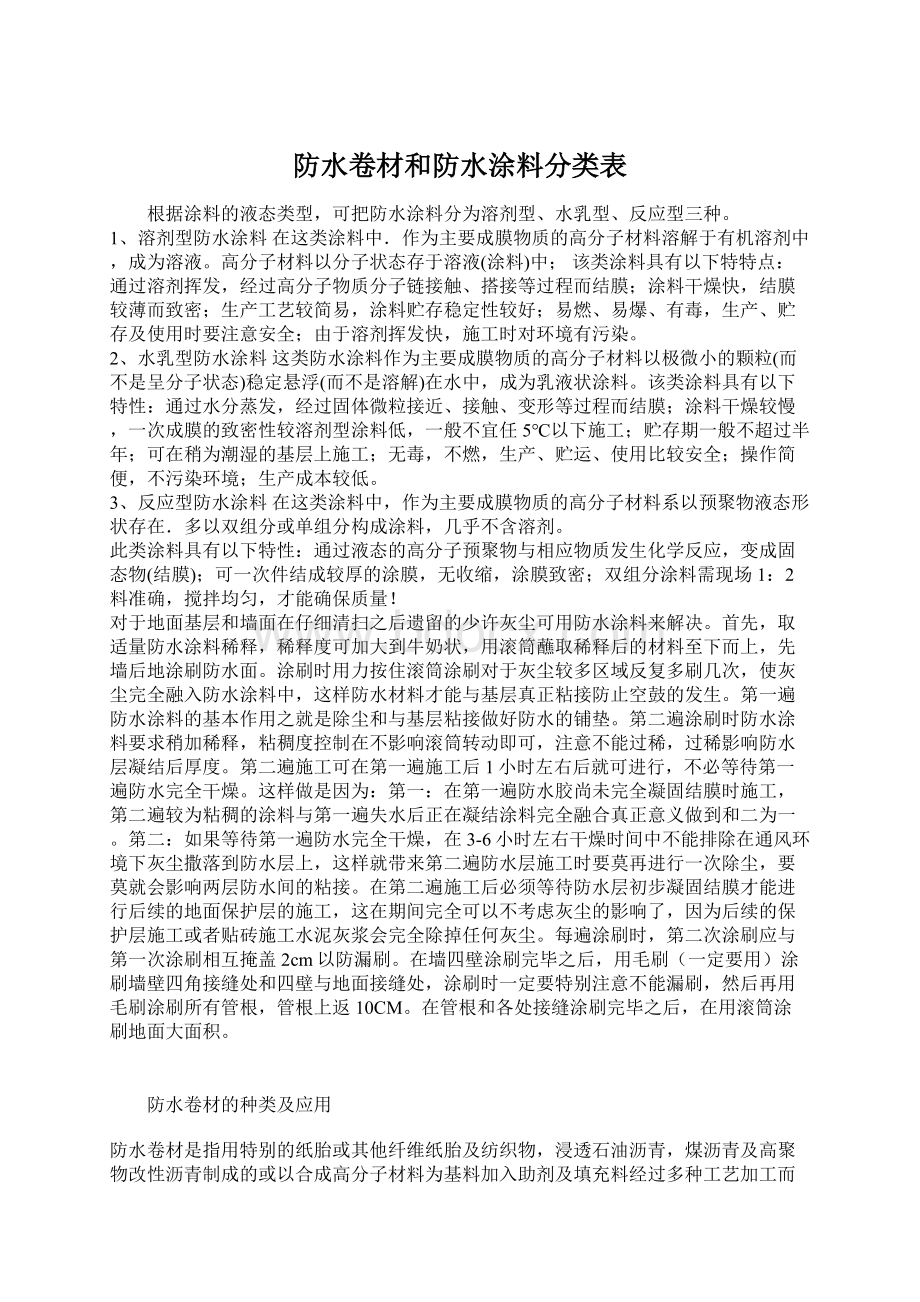 防水卷材和防水涂料分类表.docx