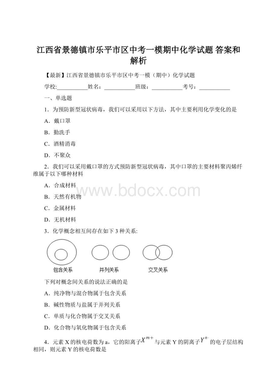 江西省景德镇市乐平市区中考一模期中化学试题 答案和解析Word文档格式.docx