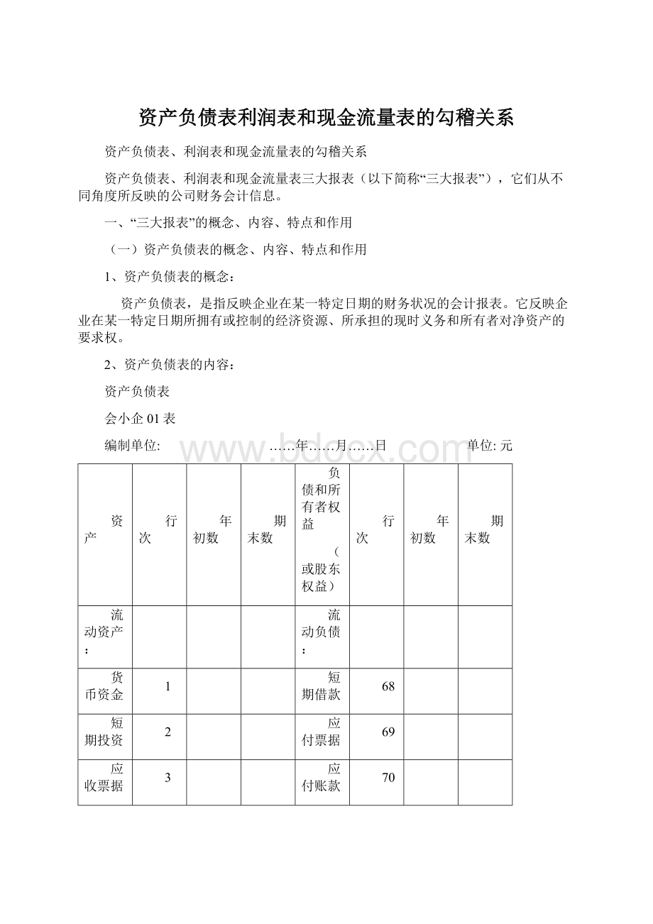 资产负债表利润表和现金流量表的勾稽关系Word格式文档下载.docx_第1页