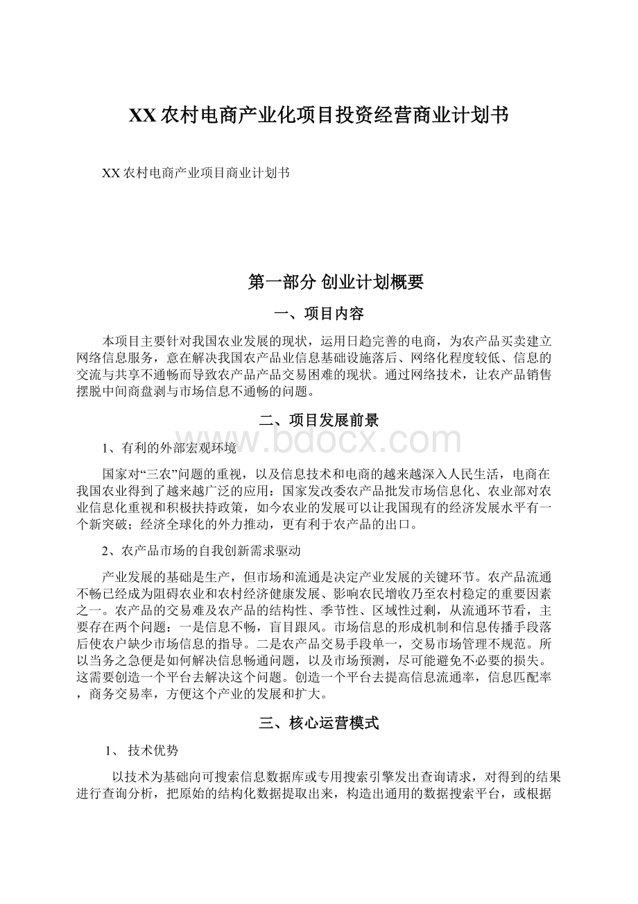 XX农村电商产业化项目投资经营商业计划书文档格式.docx_第1页