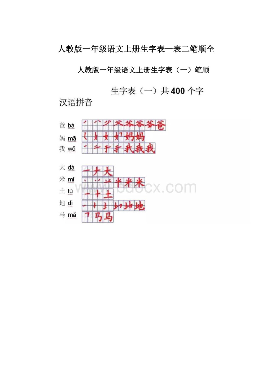 人教版一年级语文上册生字表一表二笔顺全Word下载.docx