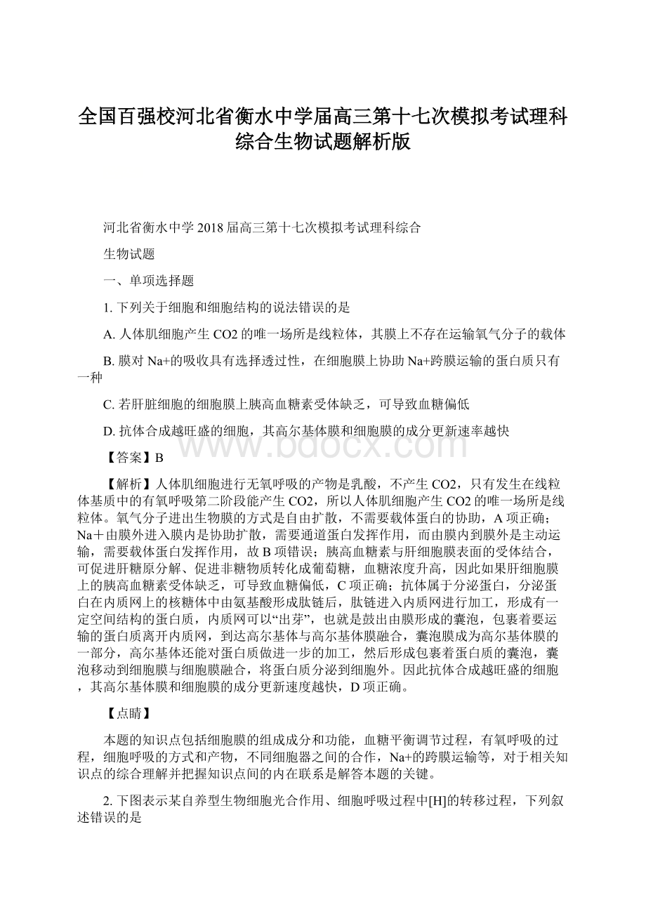 全国百强校河北省衡水中学届高三第十七次模拟考试理科综合生物试题解析版.docx