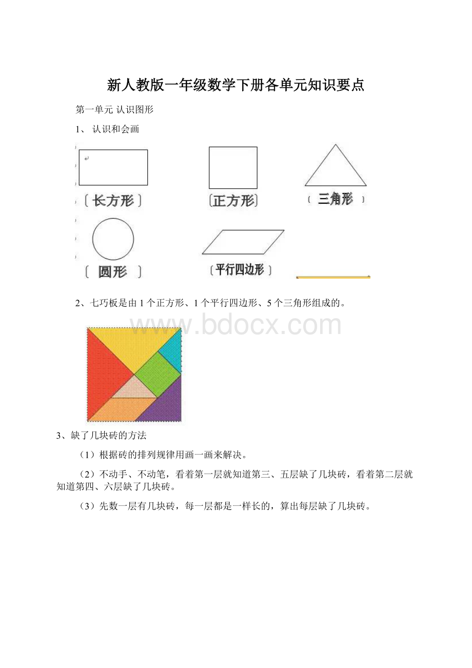 新人教版一年级数学下册各单元知识要点.docx