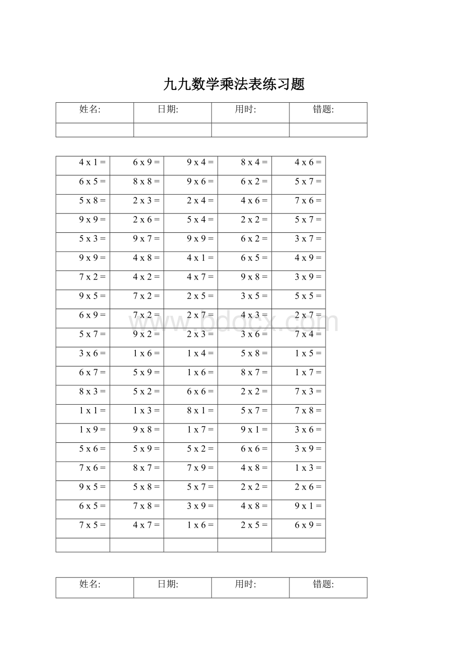 九九数学乘法表练习题.docx