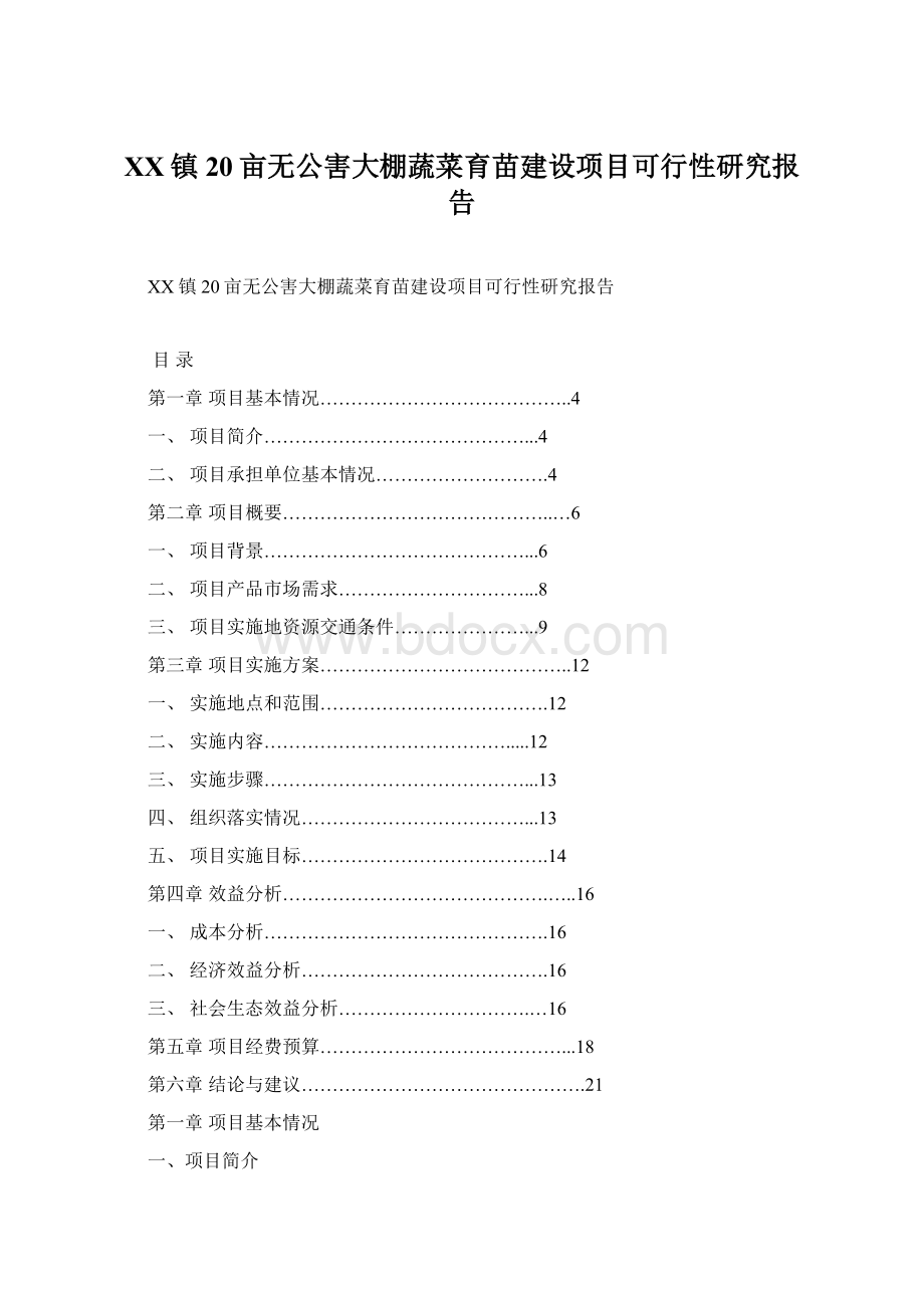 XX镇20亩无公害大棚蔬菜育苗建设项目可行性研究报告文档格式.docx