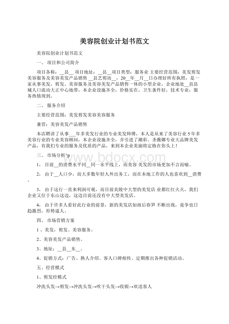 美容院创业计划书范文文档格式.docx_第1页