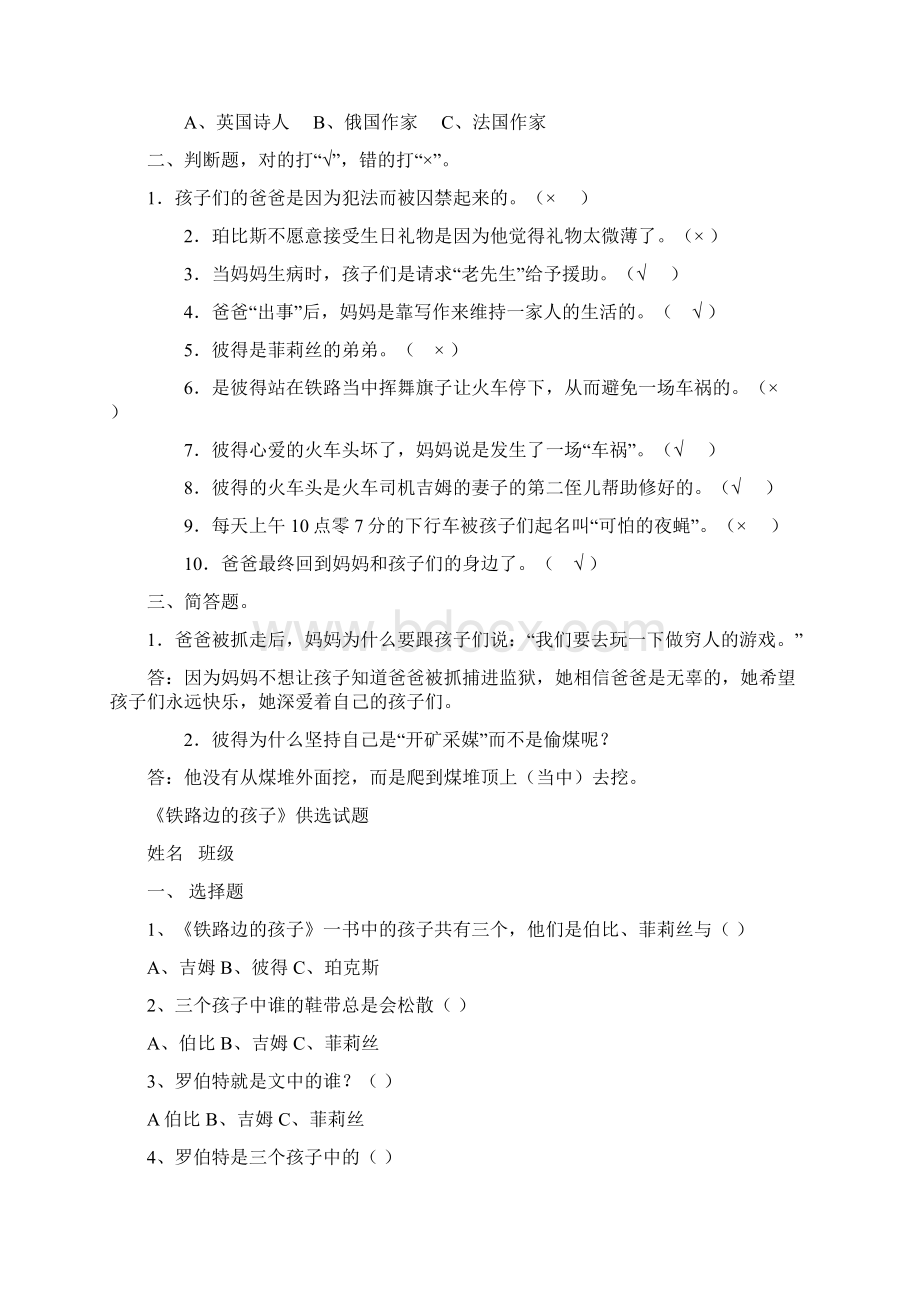 《铁路边的孩子们》阅读题目Word格式文档下载.docx_第3页