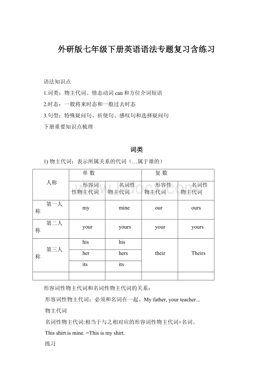 外研版七年级下册英语语法专题复习含练习.docx