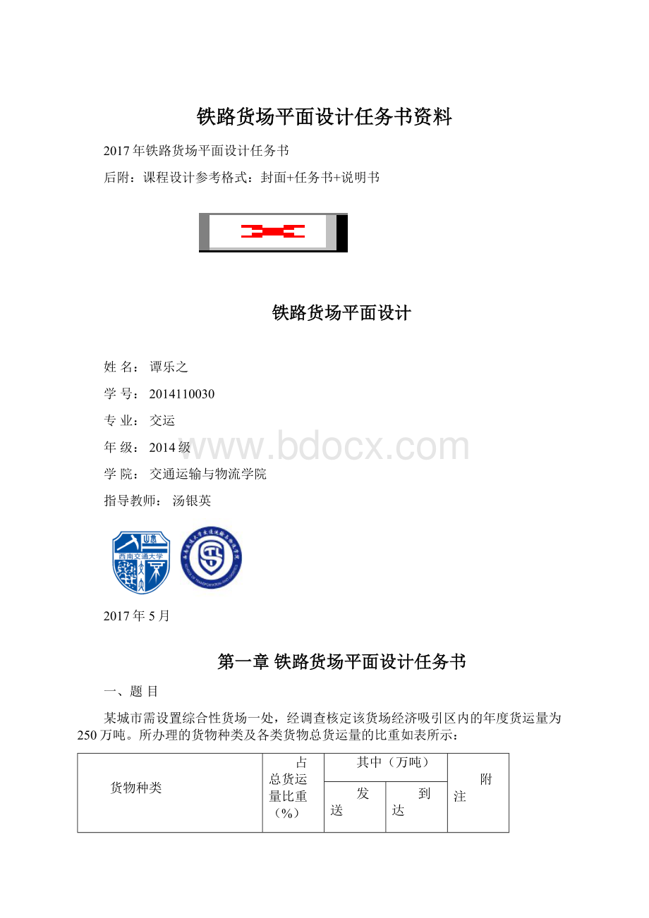 铁路货场平面设计任务书资料Word文档下载推荐.docx_第1页