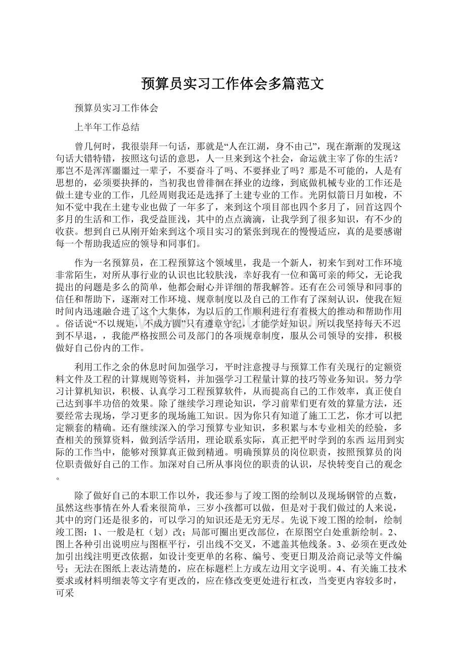 预算员实习工作体会多篇范文Word文件下载.docx_第1页