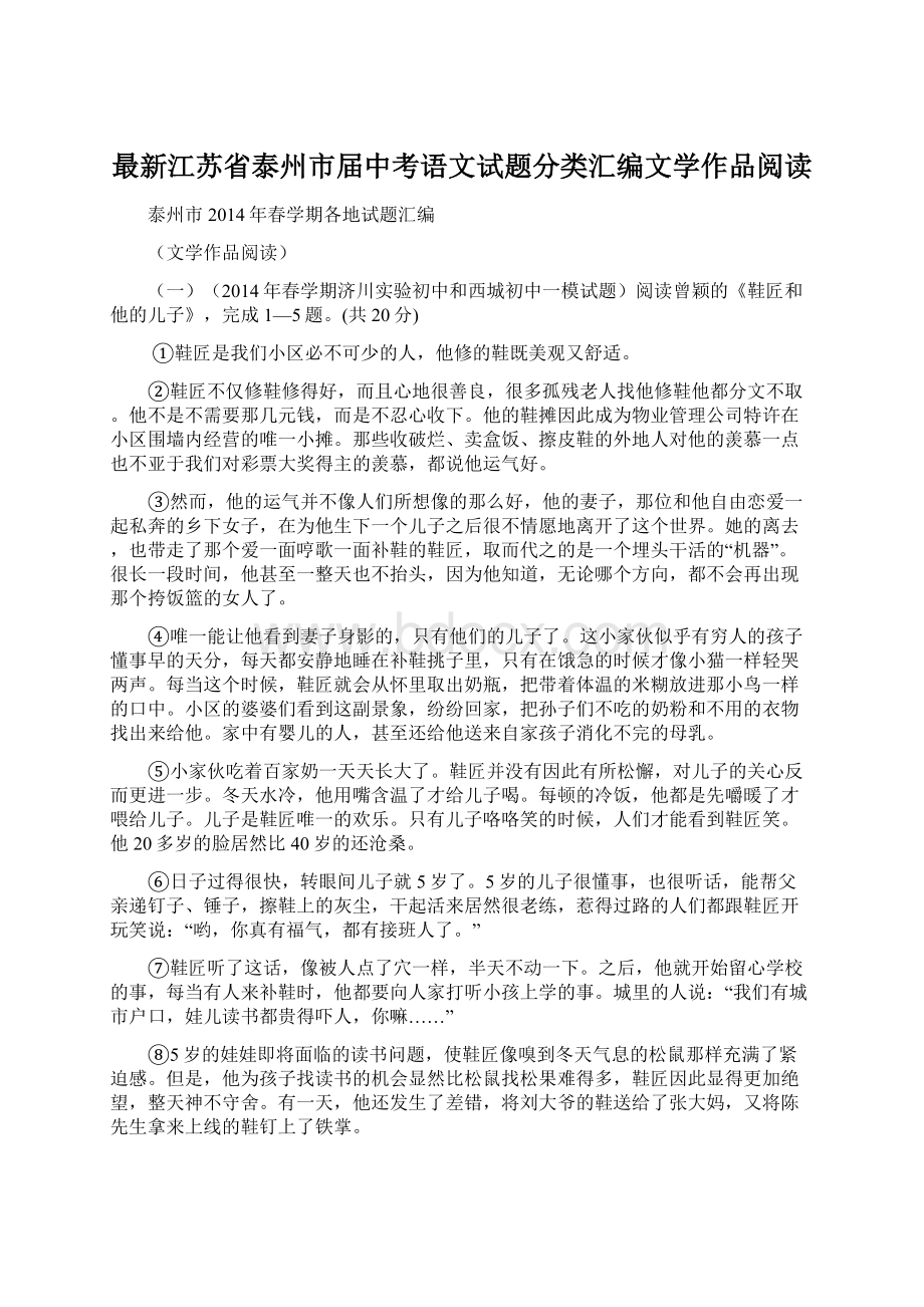 最新江苏省泰州市届中考语文试题分类汇编文学作品阅读Word格式.docx