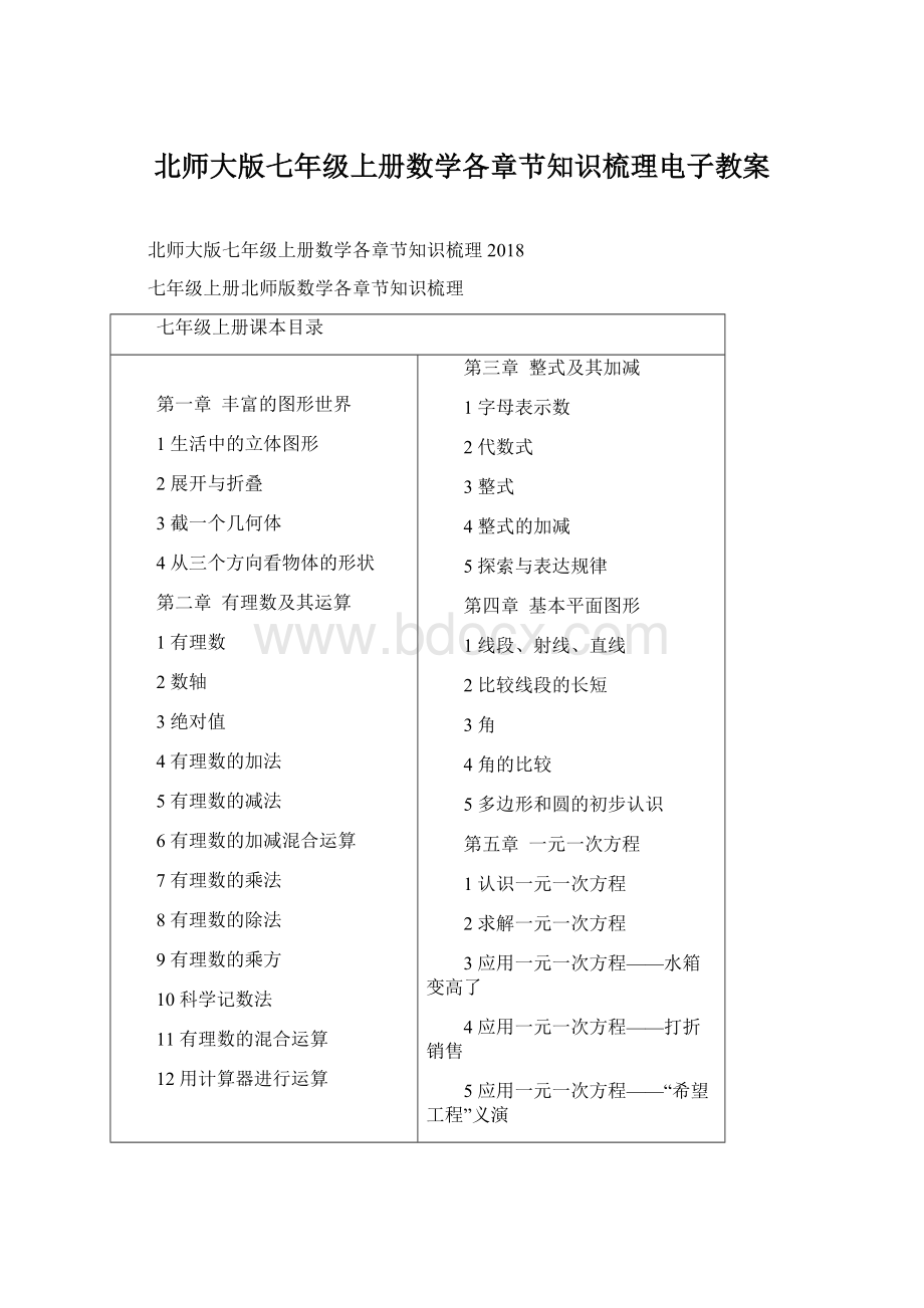 北师大版七年级上册数学各章节知识梳理电子教案Word格式文档下载.docx_第1页