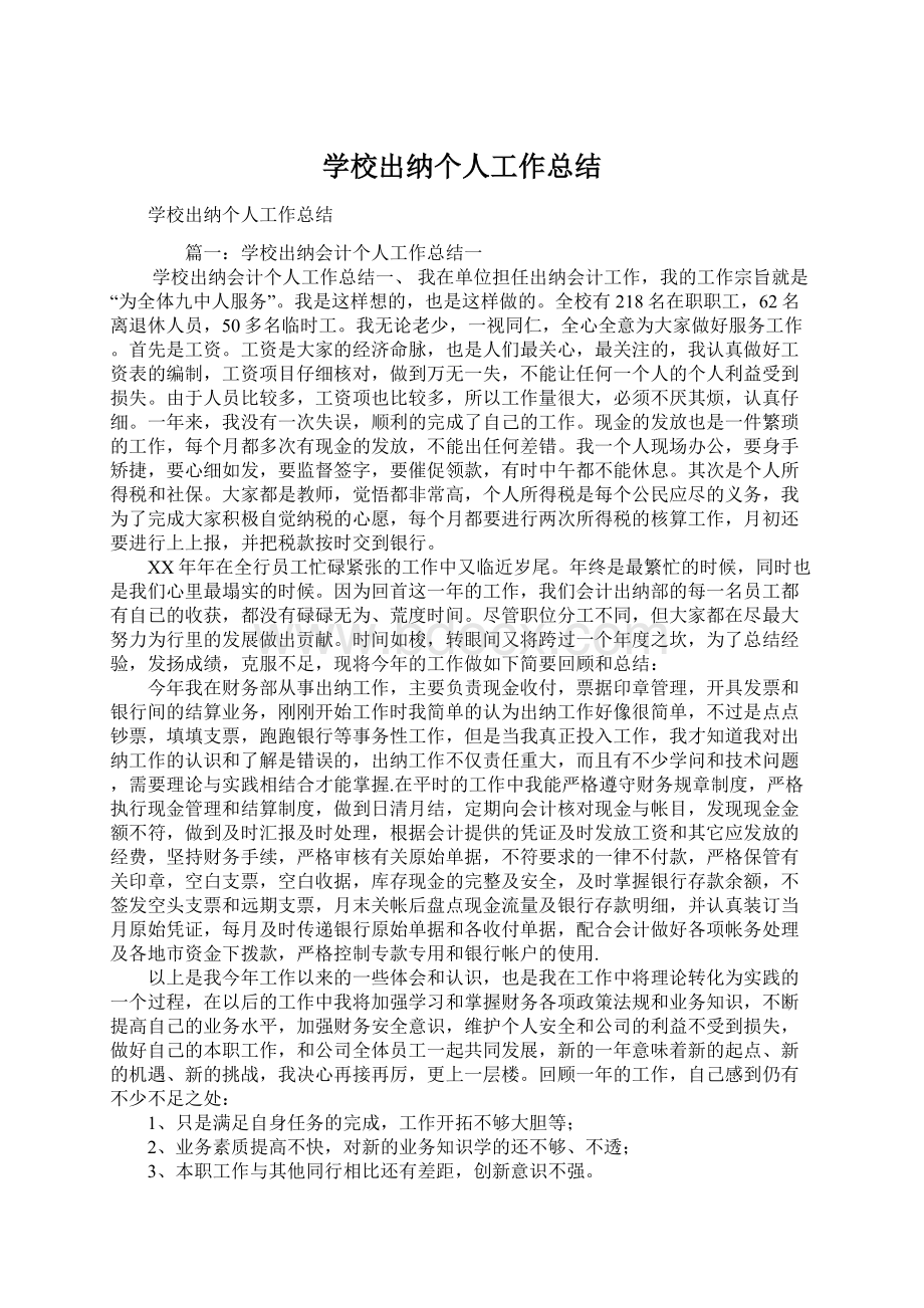 学校出纳个人工作总结Word格式.docx_第1页