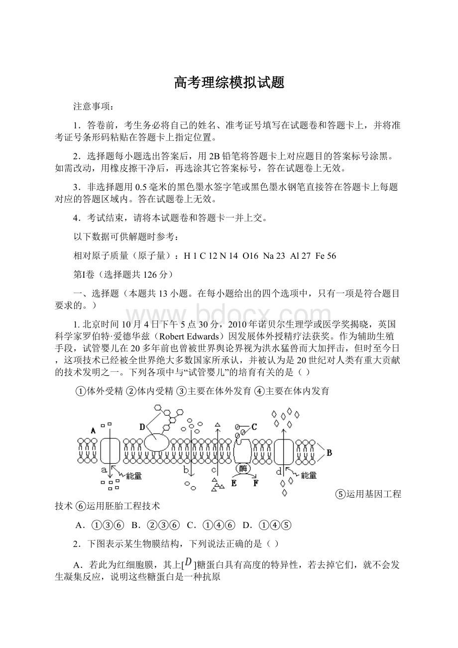 高考理综模拟试题Word格式文档下载.docx