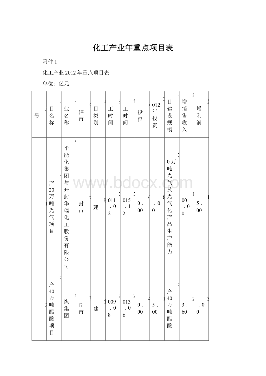 化工产业年重点项目表.docx_第1页