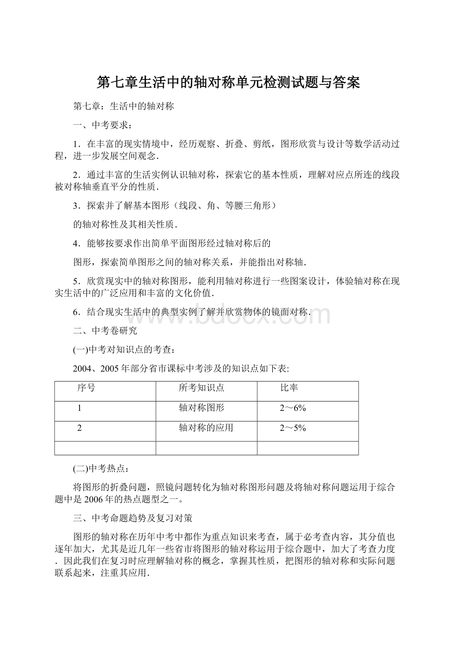 第七章生活中的轴对称单元检测试题与答案.docx