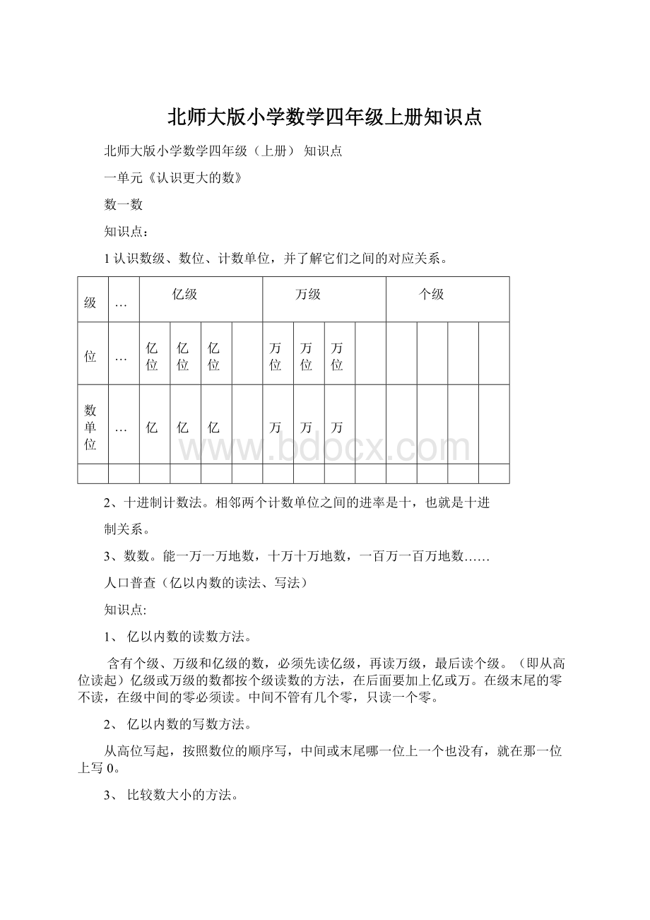 北师大版小学数学四年级上册知识点Word文档下载推荐.docx