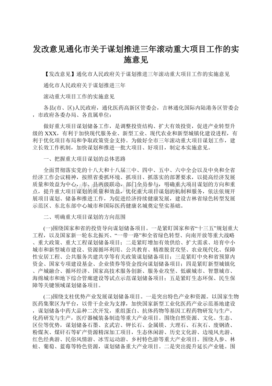 发改意见通化市关于谋划推进三年滚动重大项目工作的实施意见Word文件下载.docx