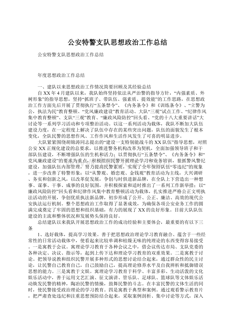 公安特警支队思想政治工作总结文档格式.docx