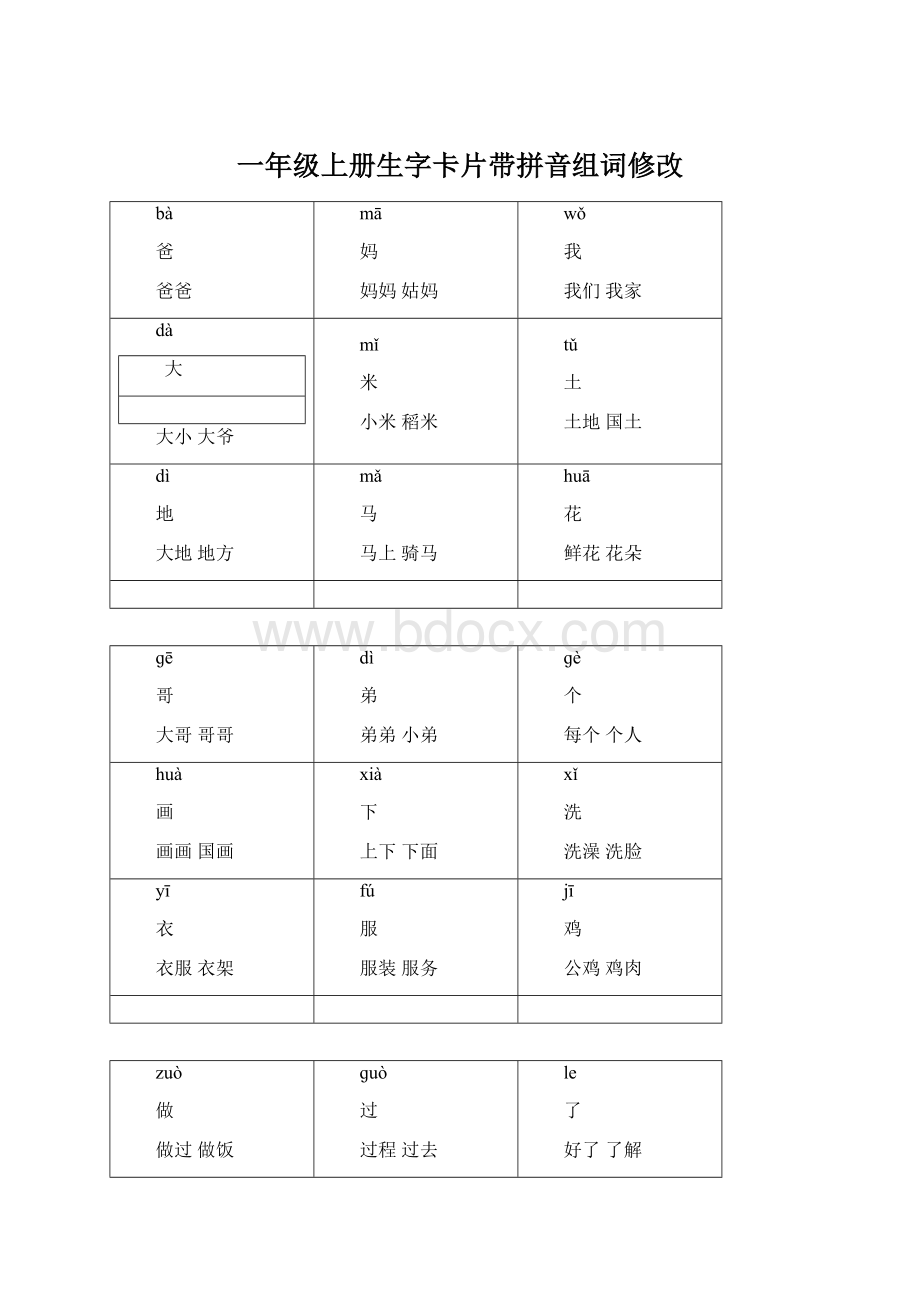 一年级上册生字卡片带拼音组词修改Word文档下载推荐.docx_第1页