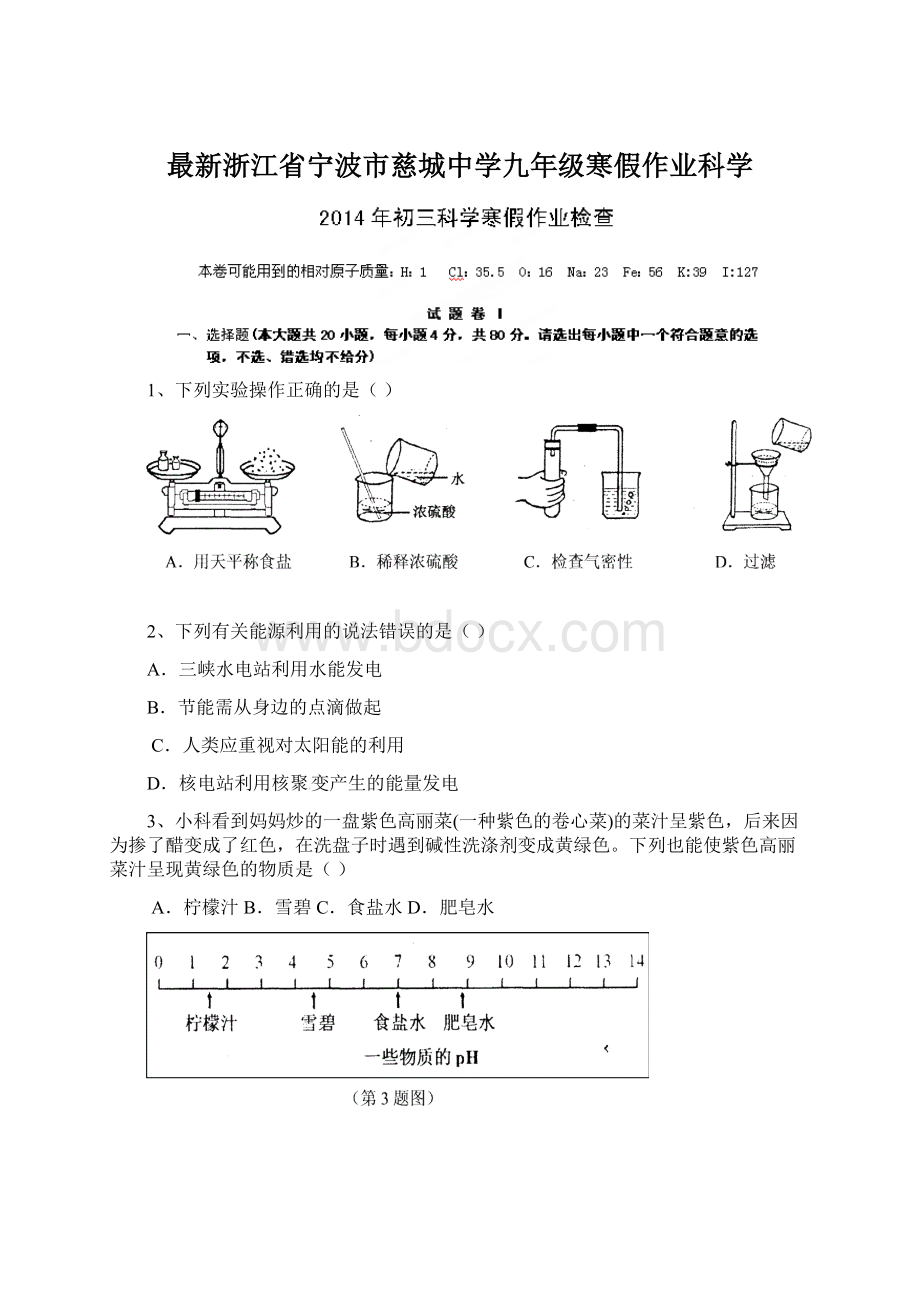 最新浙江省宁波市慈城中学九年级寒假作业科学Word格式文档下载.docx