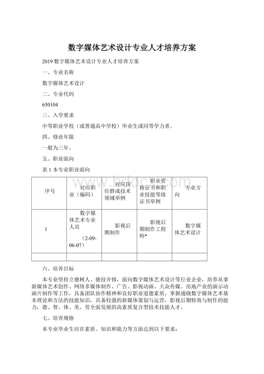 数字媒体艺术设计专业人才培养方案Word格式文档下载.docx_第1页