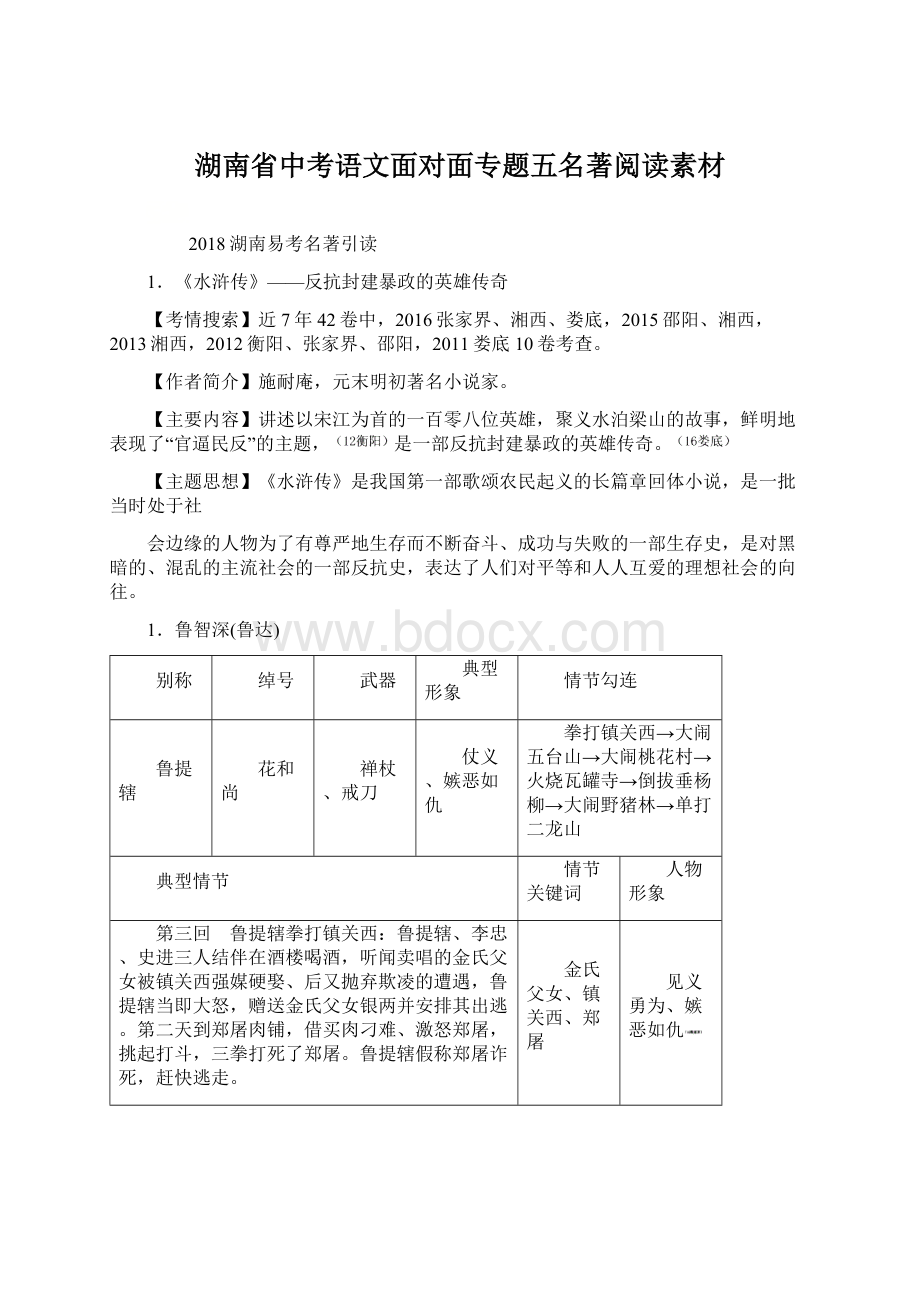 湖南省中考语文面对面专题五名著阅读素材Word文档格式.docx_第1页