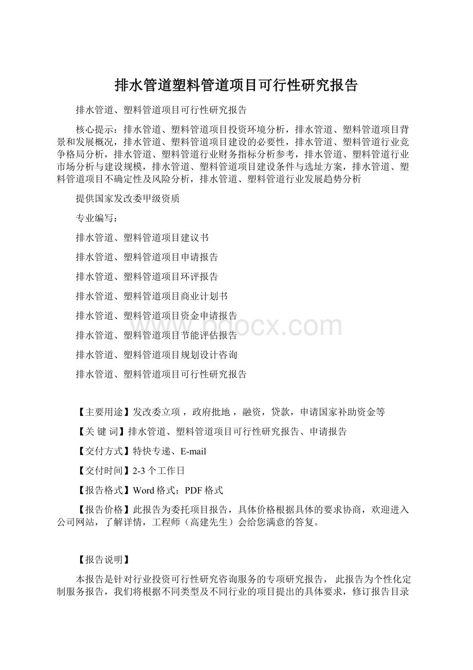 排水管道塑料管道项目可行性研究报告Word文档下载推荐.docx