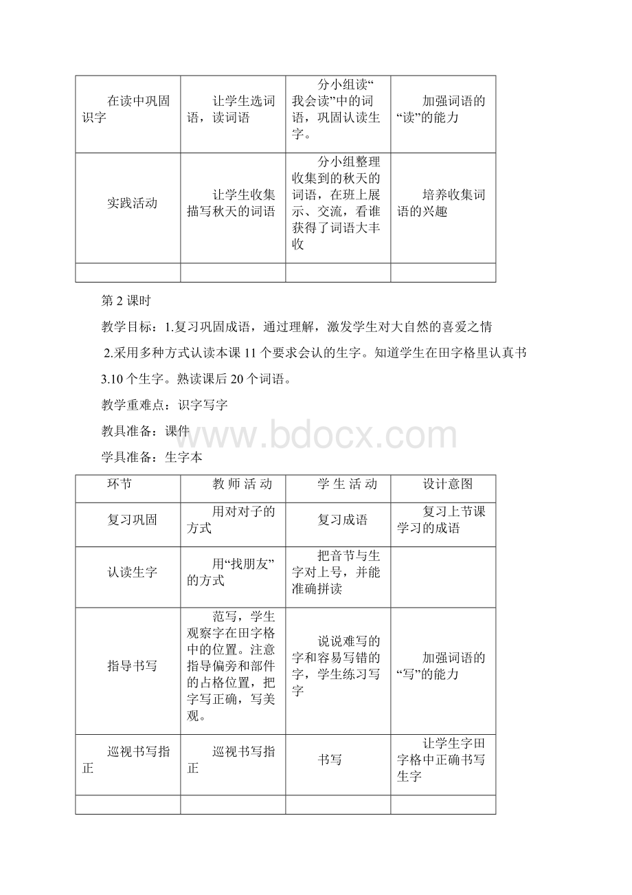 人教版小学语文二年级上册第一到六单元表格式教案全册Word文件下载.docx_第2页