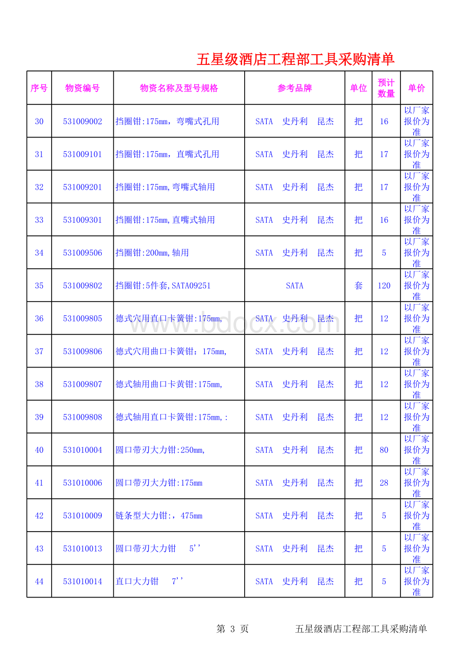 五星级酒店工程部工具采购清单表格文件下载.xls_第3页