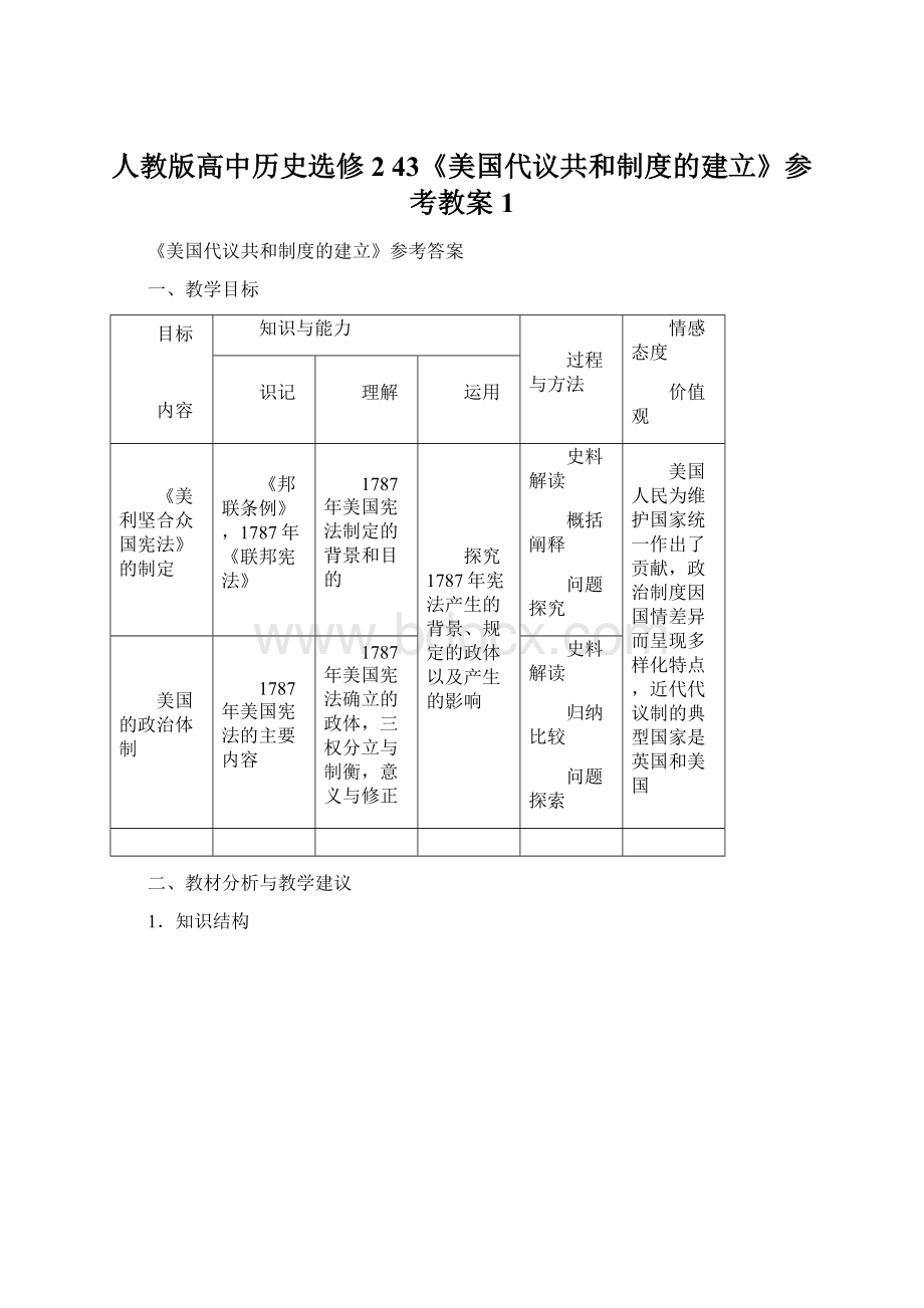 人教版高中历史选修2 43《美国代议共和制度的建立》参考教案1Word下载.docx_第1页