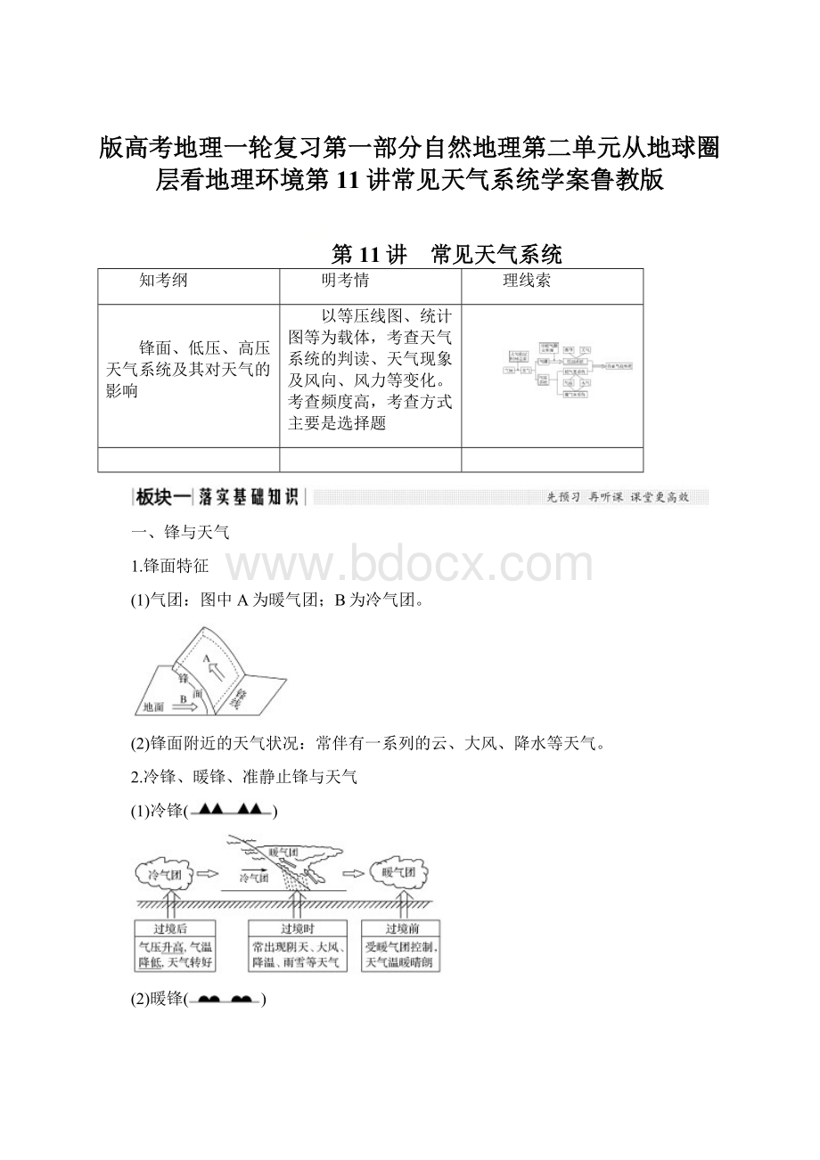 版高考地理一轮复习第一部分自然地理第二单元从地球圈层看地理环境第11讲常见天气系统学案鲁教版.docx