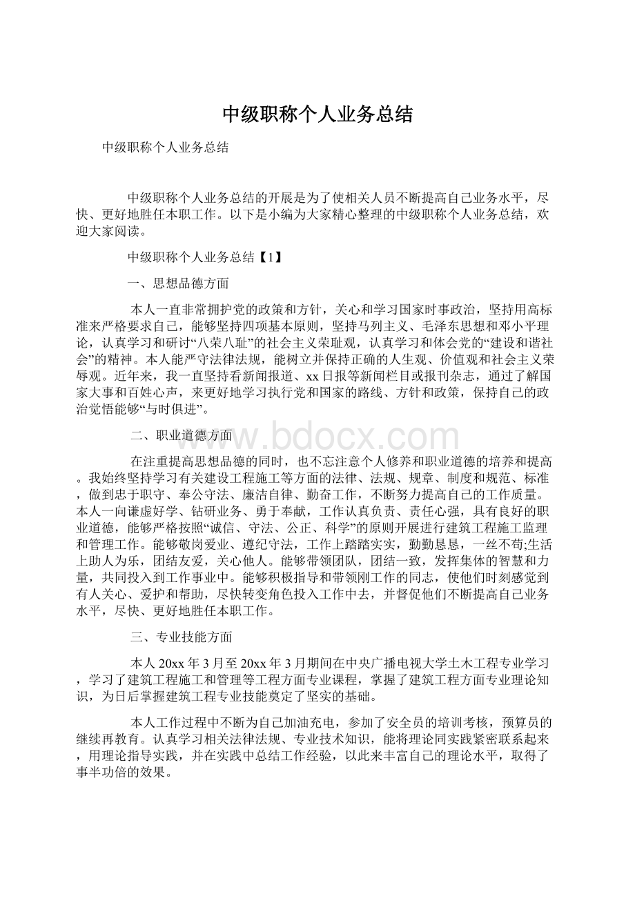 中级职称个人业务总结Word格式文档下载.docx