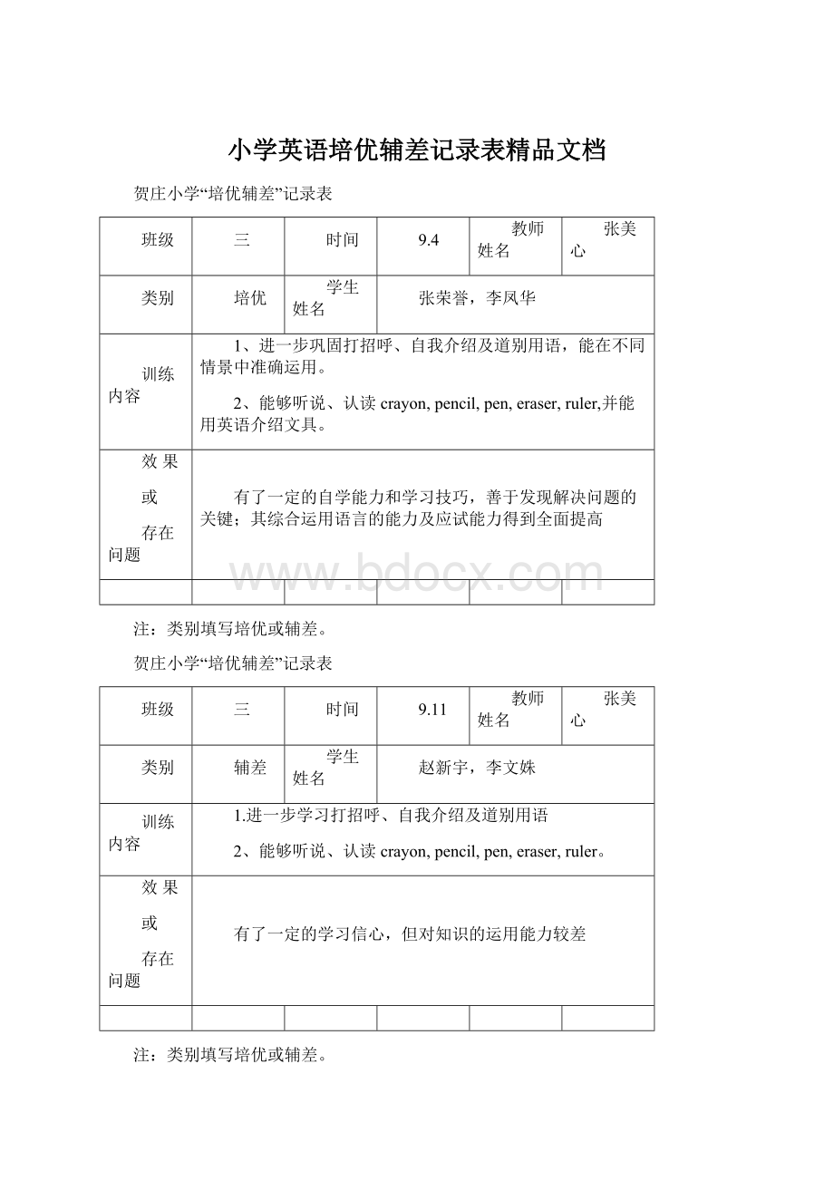 小学英语培优辅差记录表精品文档Word格式文档下载.docx